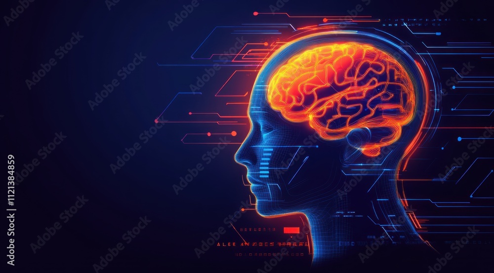 Poster glowing human head profile with a visible brain, integrated with digital circuit lines, representing