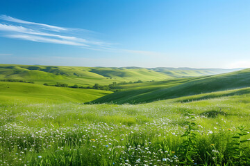 Fototapeta premium landscape of green fields with flower meadows with beautiful clouds floating over blue sky illustrating elements of natural beauty
