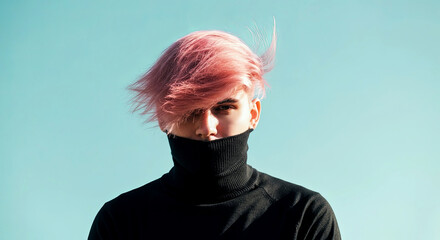 An enigmatic gaze and pastel hair create a bold fashion