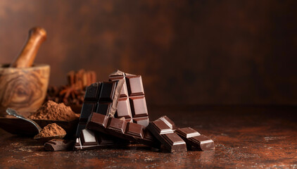Broken dark chocolate bar and cocoa powder on a brown table.