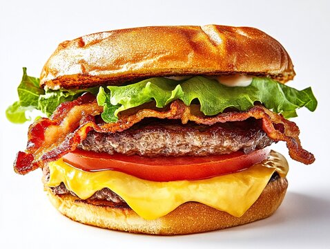 Juicy bacon cheeseburger with melted cheese, lettuce, and tomato on a toasted bun. A delicious classic!