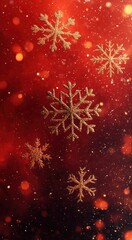 Fototapeta premium Golden snowflake ornament on red background with sparkling snowflakes and festive atmosphere