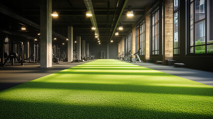 Modern fitness complex with aerobics spinning and functional training spaces highlighted by artificial grass 