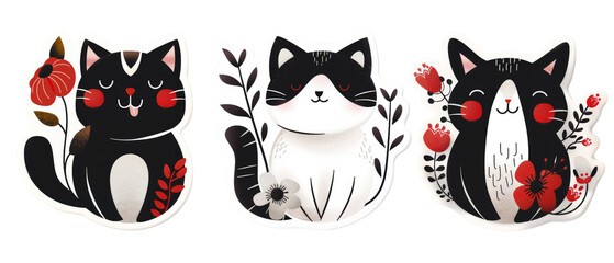 Fototapeta premium Three adorable cartoon cats in black and white with red flowers and leaves.