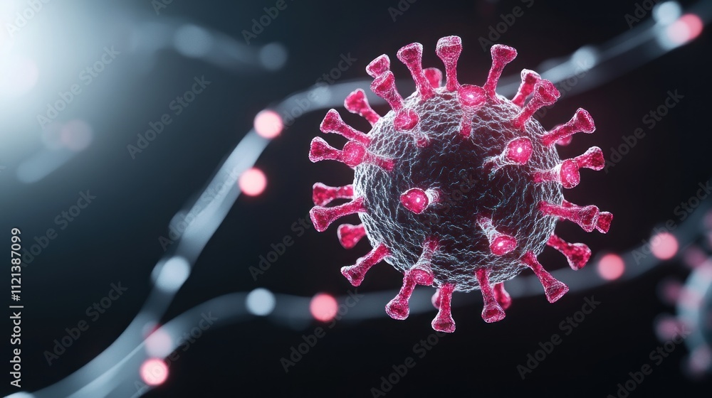 Poster 3d representation of a virus with spikes, illustrating its structure.