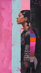 Fototapeta premium A serene woman with closed eyes, black hair, and striped shirt stands against a vibrant backdrop with an optical illusion of depth in a digital painting.