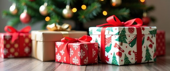 Beautifully Wrapped Christmas Gifts with Bright Ribbons and Holiday Patterns Neatly Arranged Under a Festively Decorated Christmas Tree