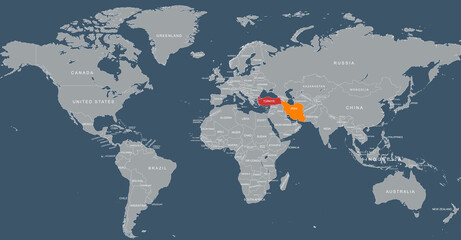 World map with the iran and Turkey clearly highlighted in vibrant colors, emphasizing geographical location and connection between these nations © habib billah