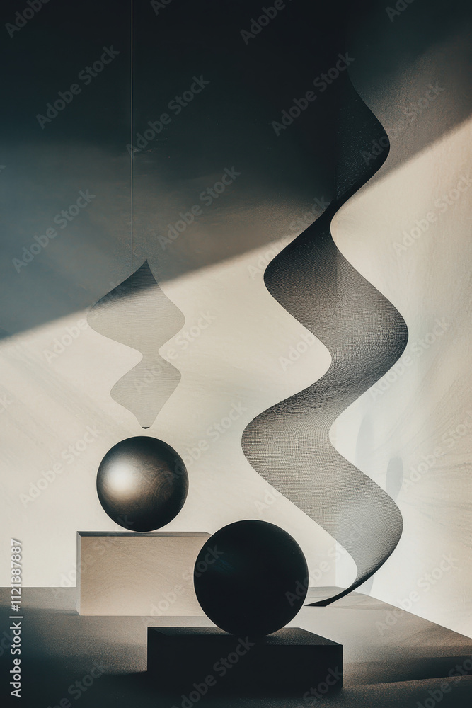Poster abstract geometric composition with spherical elements in monochrome and light