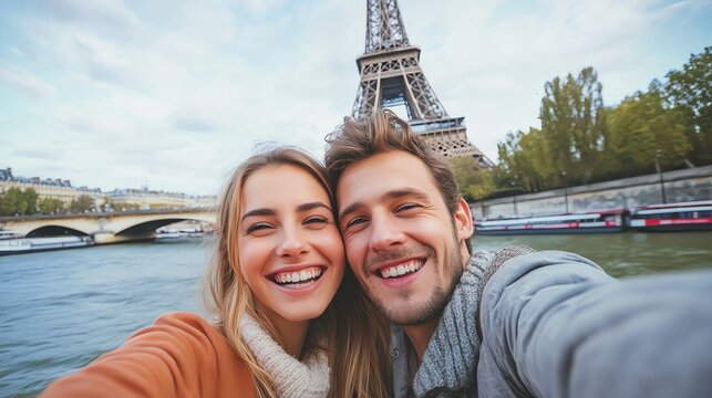 A couple takes a selfie in front of the Eiffel Tower.