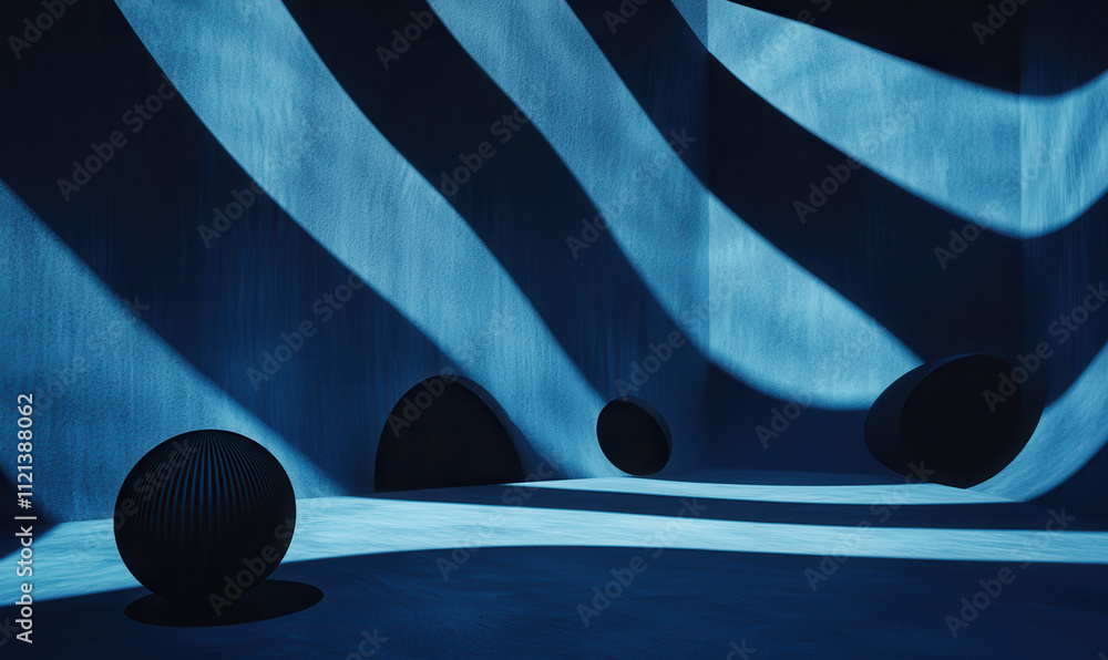 Poster abstract blue sculpture with dynamic light patterns in modern art space