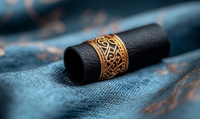 A decorative black and gold cylindrical object on a patterned fabric.