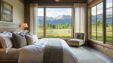 Fototapeta premium Simple, elegant bedroom design with large windows inviting scenic views of a peaceful meadow and distant mountains.