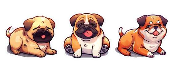 Three adorable cartoon pug puppies in different poses and colors.