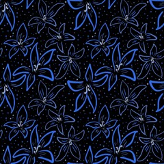 Obraz premium Navy blue vintage background. Cute wild flowers and herbs seamless pattern. Template for creating textiles, fabrics, paper, wallpapers. Dark background.