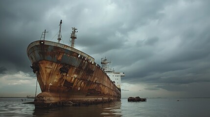 A rusted ship stands anchored in the still waters beneath the moody sky, symbolizing abandoned dreams and stories untold.