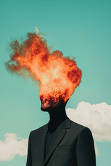 Surreal Head in Flames against Turquoise Sky with Clouds