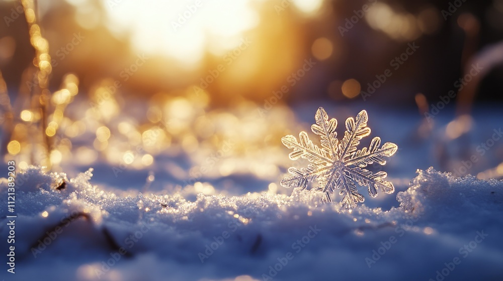 Poster sparkling snowflake resting gently on snow, surrounded by a soft-focus winter background