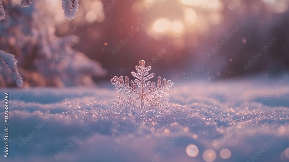 Poster sparkling snowflake resting gently on snow, surrounded by a soft-focus winter background