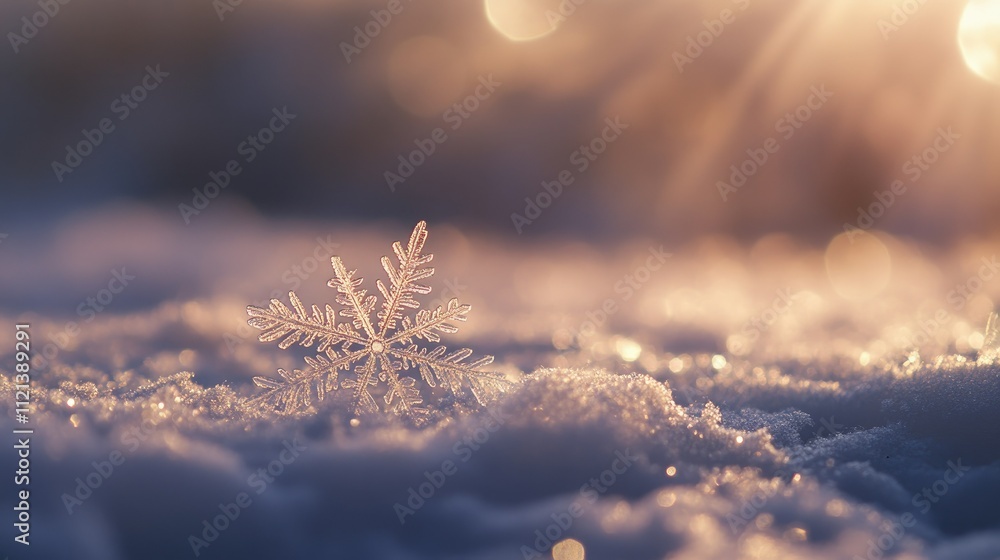 Poster sparkling snowflake resting gently on snow, surrounded by a soft-focus winter background