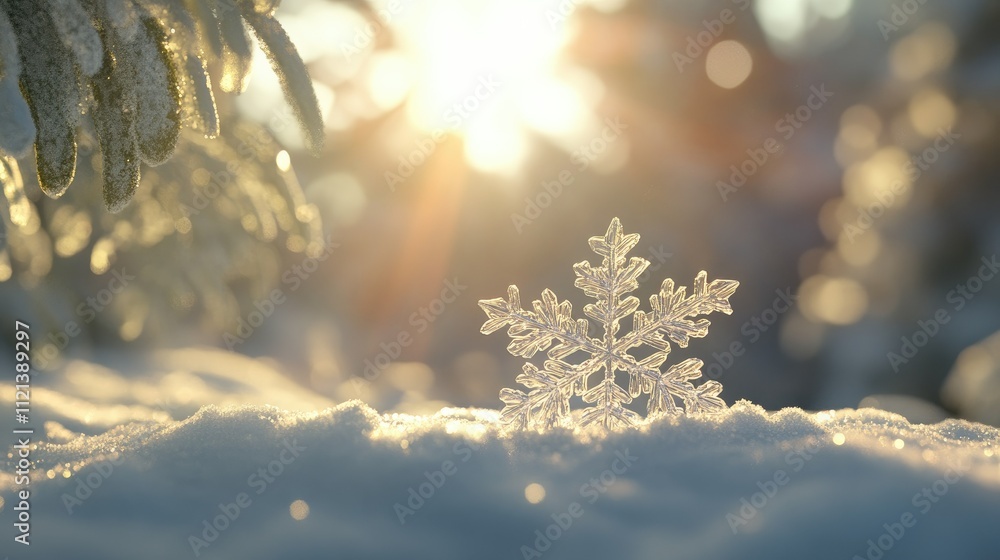 Poster sparkling snowflake resting gently on snow, surrounded by a soft-focus winter background