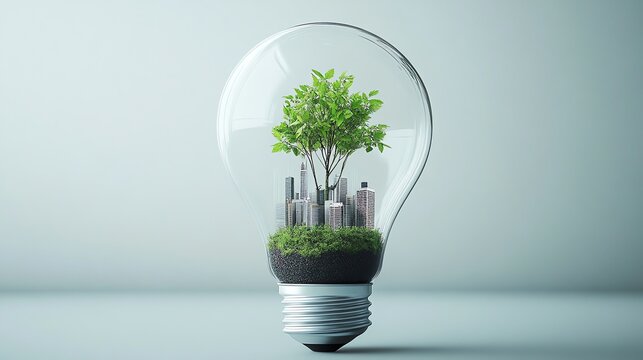 A lightbulb with a cityscape and tree growing inside it.