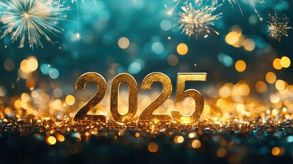 Stylish golden numerals forming '2025' glowing against an abstract mix of bokeh lights and fireworks