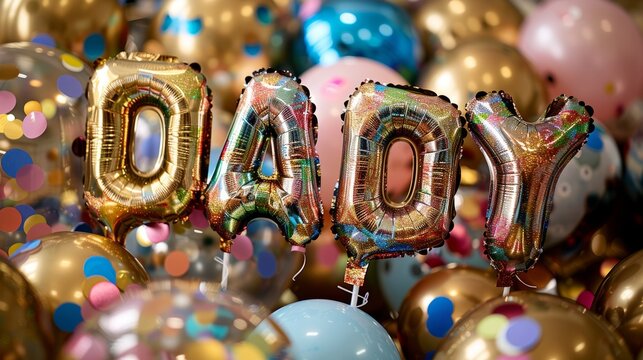 Golden foil balloons spelling  daddy  surrounded by colorful confetti for celebrations and parties - Powered by Adobe