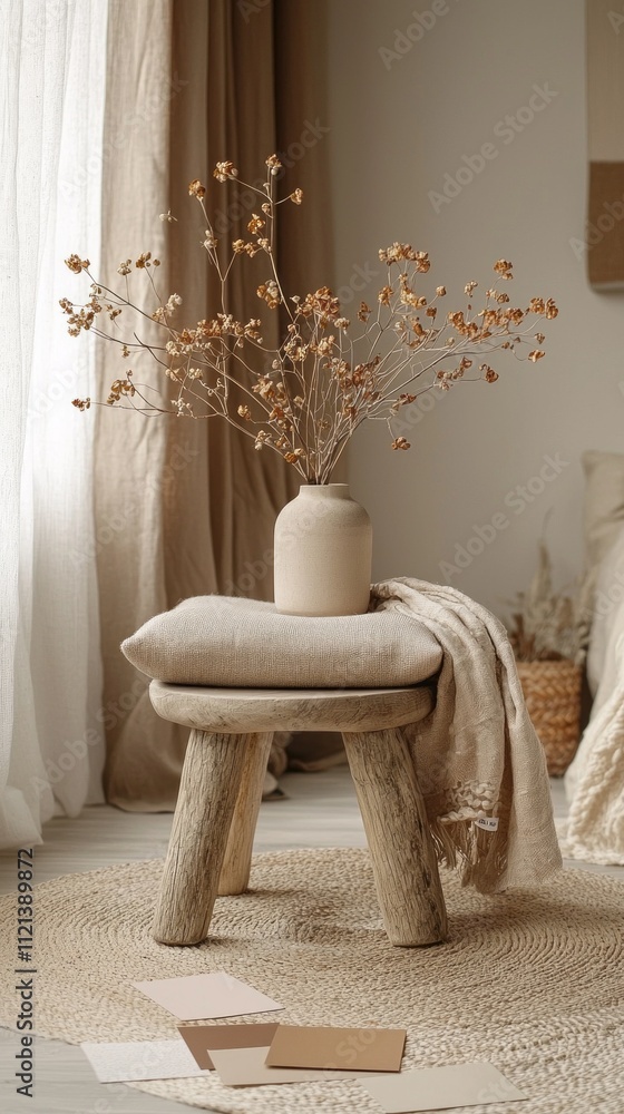 Poster a charming display features a simple vase filled with dried flowers, resting on a cozy cushion atop 