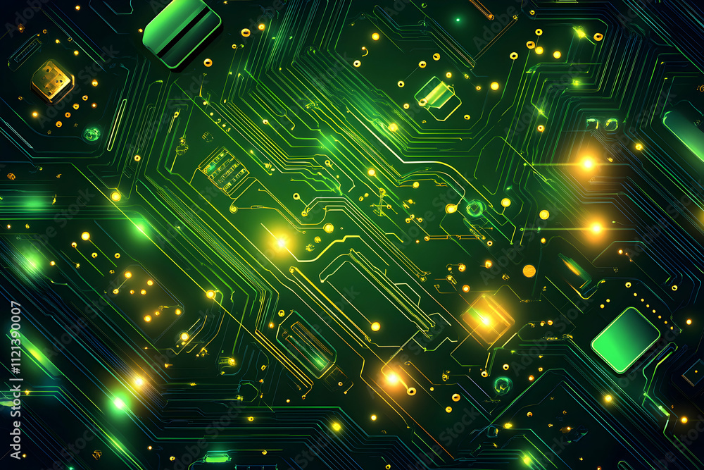 Poster abstract close-up of a vibrant green circuit board with glowing components, representing technologic