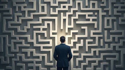 Businessman stands in front of a large maze wall, symbolizing challenges, problem-solving, and strategic thinking. The maze represents a metaphor for finding solutions in a complex world.