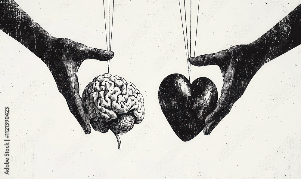 Aufkleber monochrome art of brain and heart in hands illustrating logic versus emotion