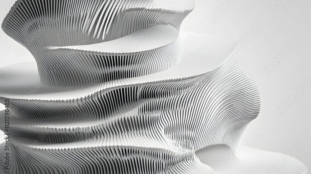Poster abstract grayscale image of a sculptural form with flowing, layered lines and textures, reminiscent 