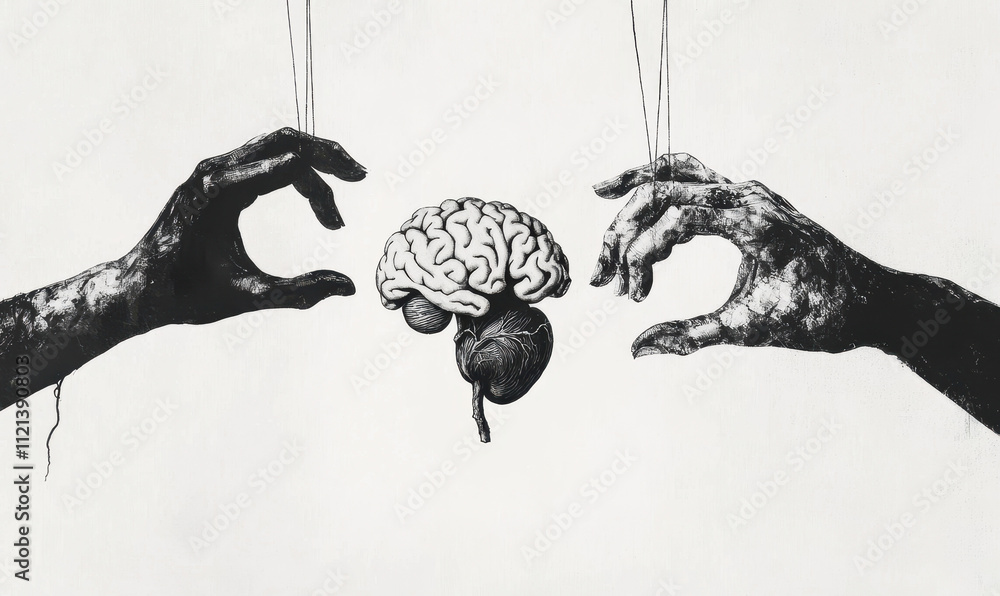 Poster monochrome illustration of hands manipulating a brain on strings