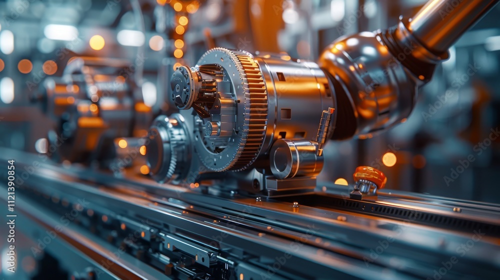 Poster gears and machinery parts aligned on a metallic platform in a factory setting. concept of industrial