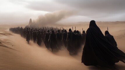 A winding procession of robed figures, their silhouettes stark against the desert's expanse, advances toward a distant, mysterious monument as sand swirls.