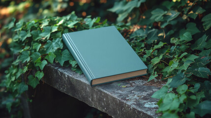 A teal hardcover book rests on a stone surface, surrounded by lush green ivy. Serene and tranquil scene.