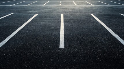 A wide shot of an empty asphalt parking lot, showing the white lines that separate parking spaces.