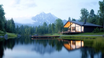 Fototapeta premium Serene lakeside cabin with mountains in the background at dawn.