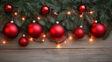 Wooden plank background with festive fir branches, cozy string lights, and shiny red Christmas baubles arranged elegantly