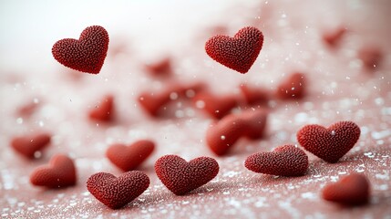 Fototapeta premium Valentine's Day Celebration with Glittering Red Hearts Romantic Setting Decorative Elements Whimsical Atmosphere Close-up Viewpoint