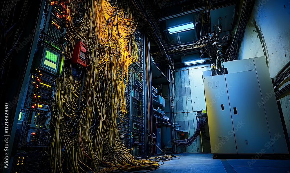 Aufkleber tangled cables and server racks in a dimly lit server room, showcasing the complexity of modern tech