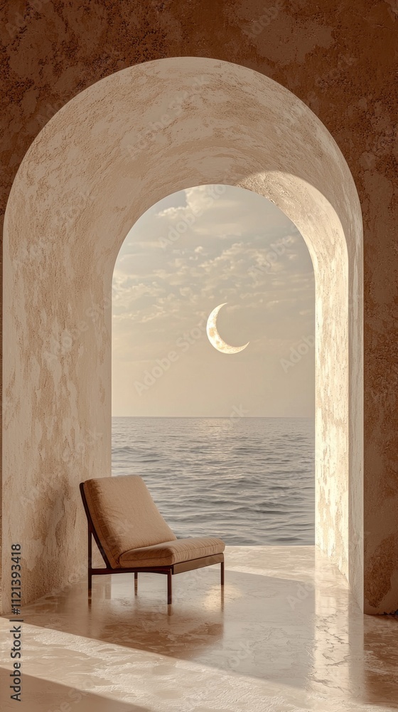 Poster Gently illuminated by the soft glow of a crescent moon, an archway frames a peaceful view of the ocean, creating a harmonious blend of minimalism and tranquility. A solitary chair offers solace