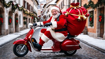 Fototapeta premium Courier with Christmas gifts dressed as Santa on scooter