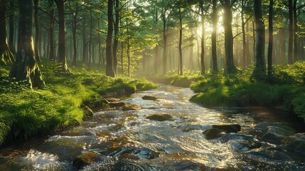 Obraz premium A stream of water flows through a forest with moss growing on the rocks.