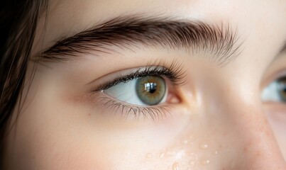 Obraz premium Close-up of a girl's hazel eye with long lashes and eyebrows.