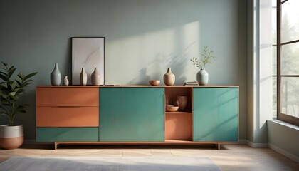 Wood sideboard in green living room with copy space