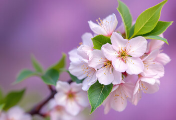 Fototapeta premium A close-up of white cherry blossom flowers with green leaves against a blurred purple background