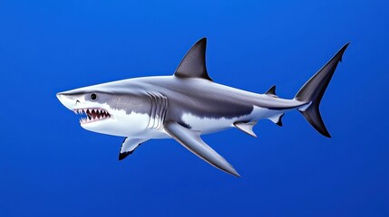 Fototapeta premium A realistic depiction of a shark swimming in blue ocean water.