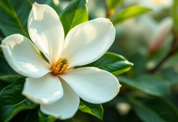 A close-up of a white magnolia flower with yellow stamens, surrounded by lush green leaves